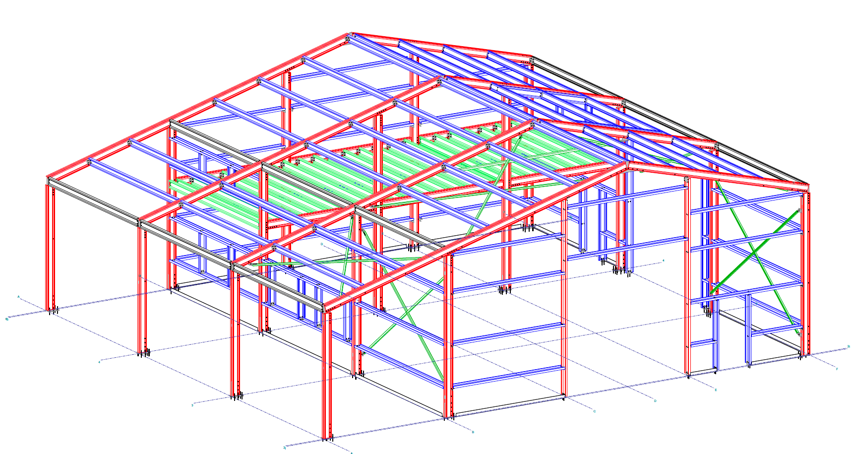 3D model staalconstructie met kleurgecodeerde profielen - rood voor basisstructuur, blauw voor complementair, groen voor windverbanden